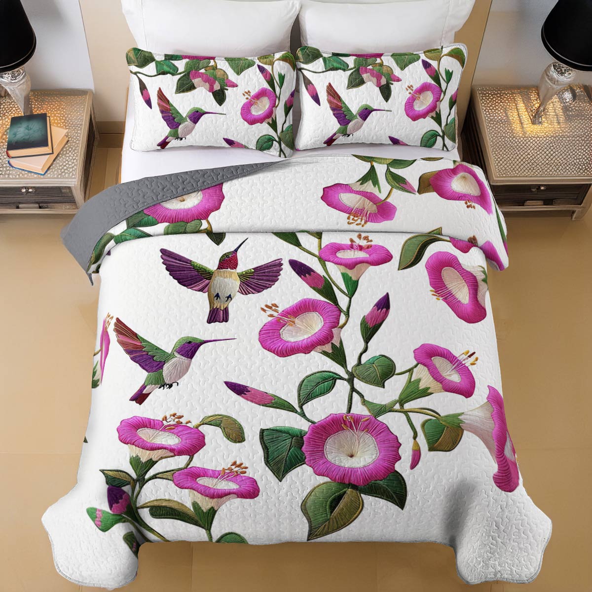 Shineful Flat Print All Season Quilt 3-Piece Set Attractive Hummingbird Fuchsia Flowers