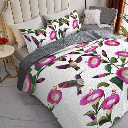 Shineful Flat Print All Season Quilt 3-Piece Set Attractive Hummingbird Fuchsia Flowers