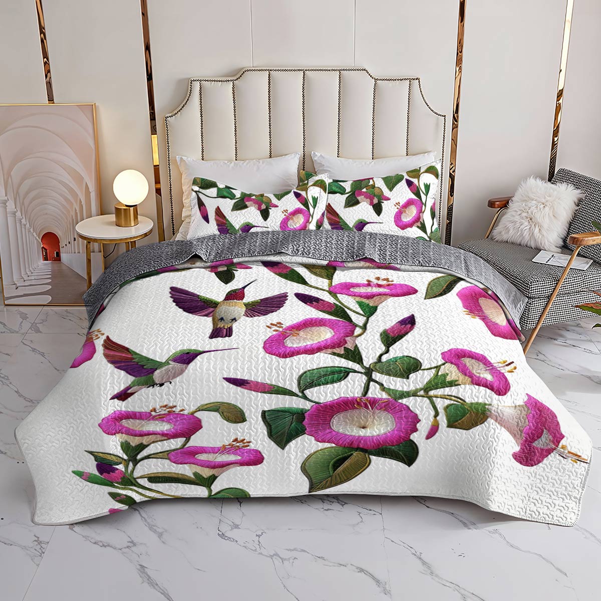 Shineful Flat Print All Season Quilt 3-Piece Set Attractive Hummingbird Fuchsia Flowers