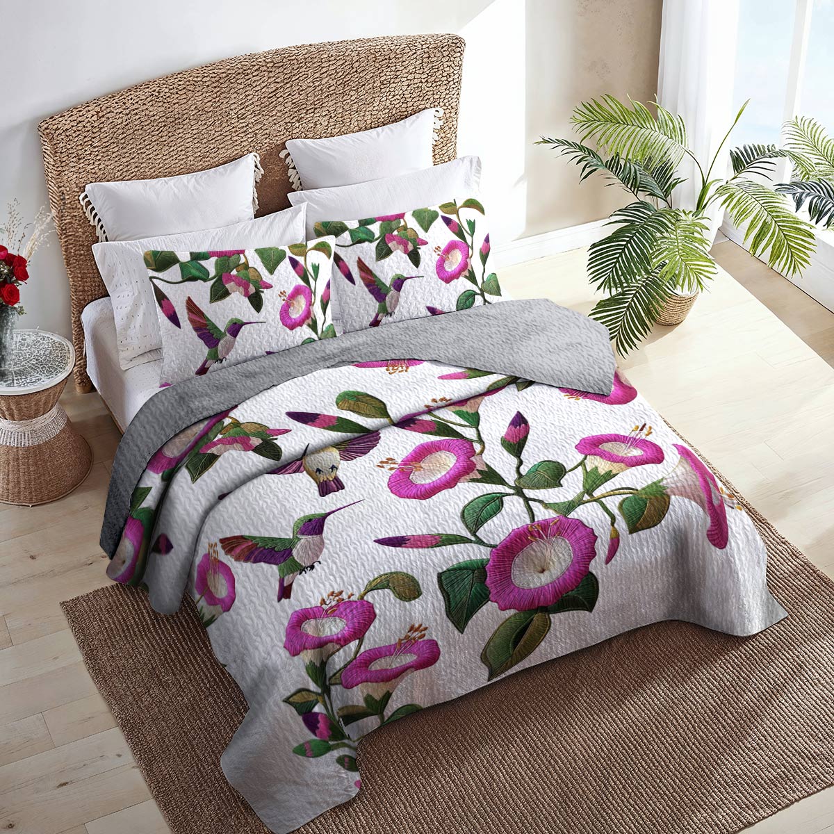 Shineful Flat Print All Season Quilt 3-Piece Set Attractive Hummingbird Fuchsia Flowers