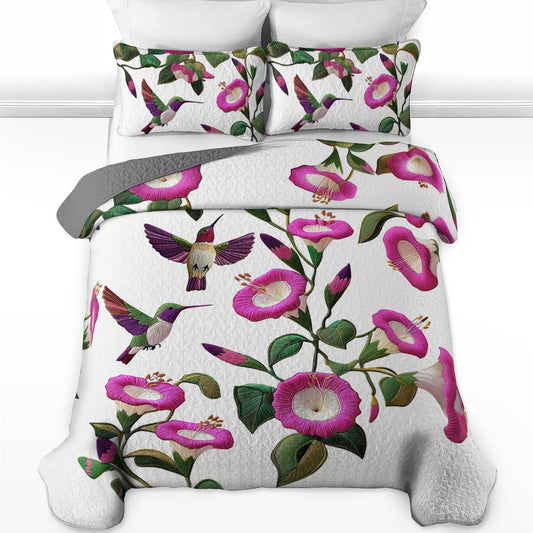 Shineful Flat Print All Season Quilt 3-Piece Set Attractive Hummingbird Fuchsia Flowers