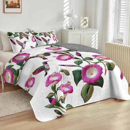 Shineful Flat Print All Season Quilt 3-Piece Set Attractive Hummingbird Fuchsia Flowers