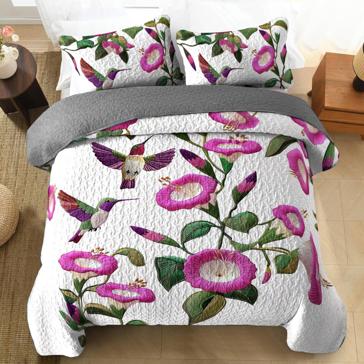 Shineful Flat Print All Season Quilt 3-teiliges Set Attraktive Kolibri Fuchsia Blumen