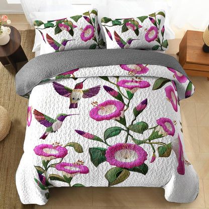 Shineful Flat Print All Season Quilt 3-Piece Set Attractive Hummingbird Fuchsia Flowers