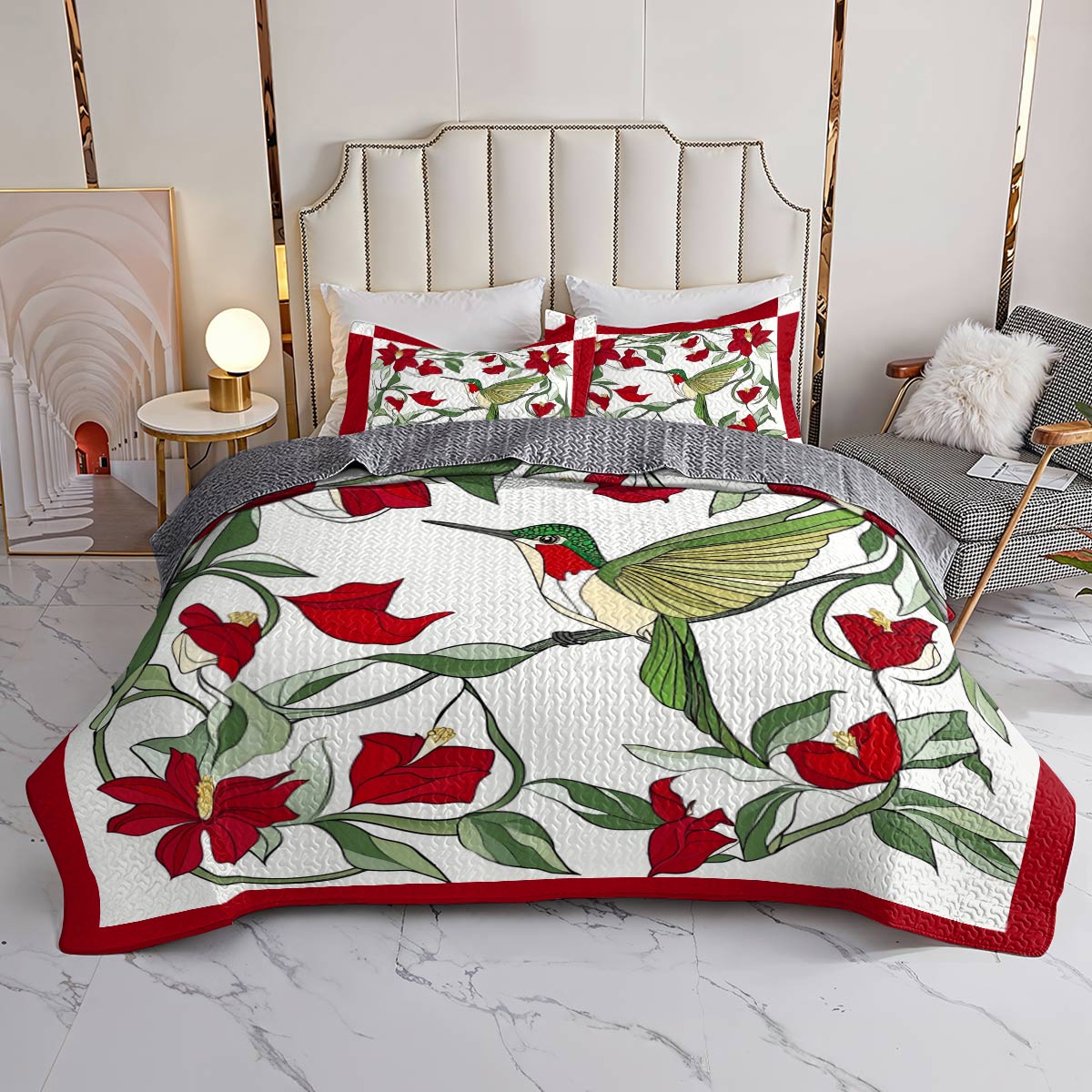 Shineful All Season Quilt 3-Piece Set Enchanting Hummingbird Flowers