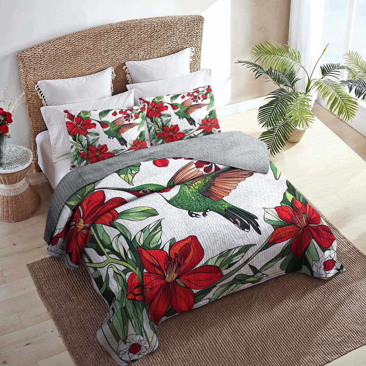 Shineful All Season Quilt 3-Piece Set Picturesque Hummingbirds Flowers