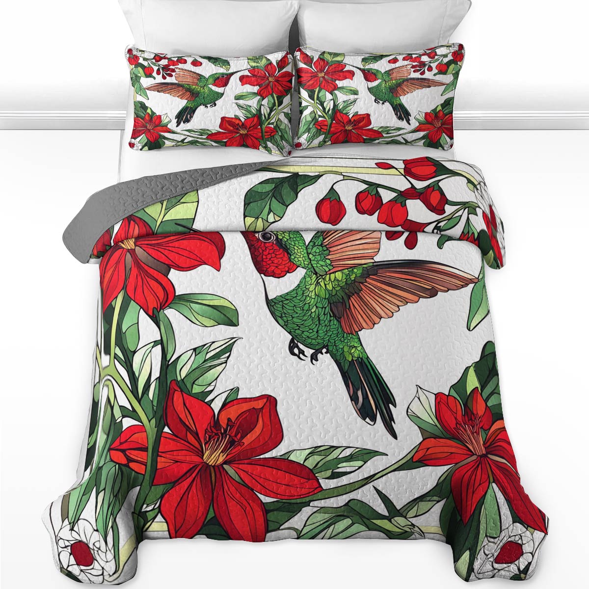 Shineful All Season Quilt 3-Piece Set Picturesque Hummingbirds Flowers