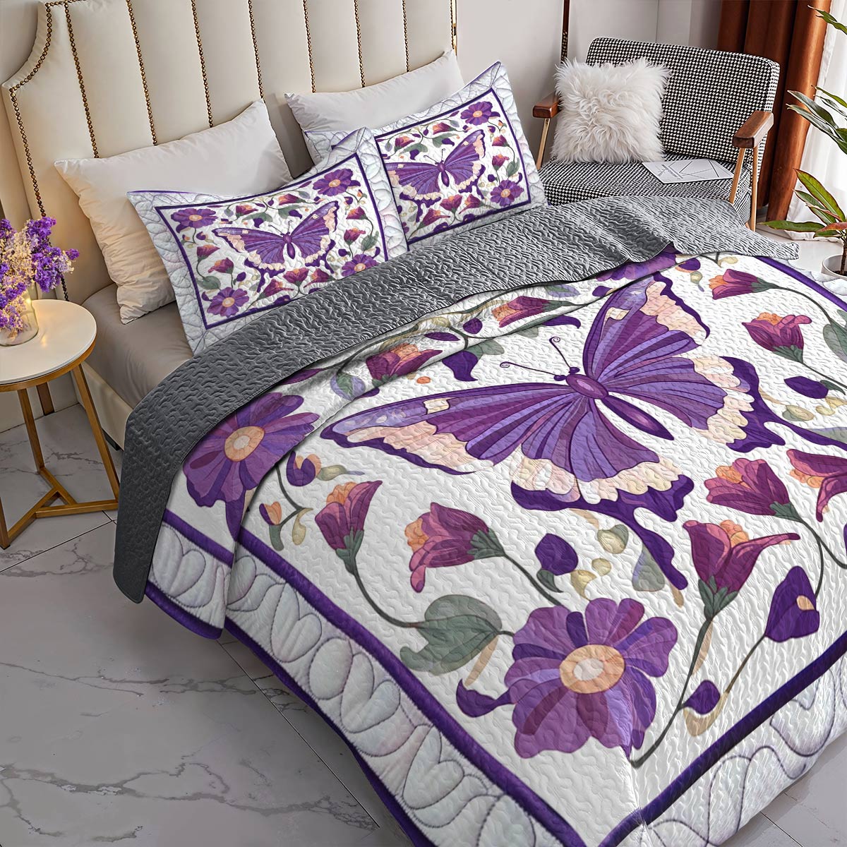 Shineful All Season Quilt 3-Piece Set Divine Purple Butterflies