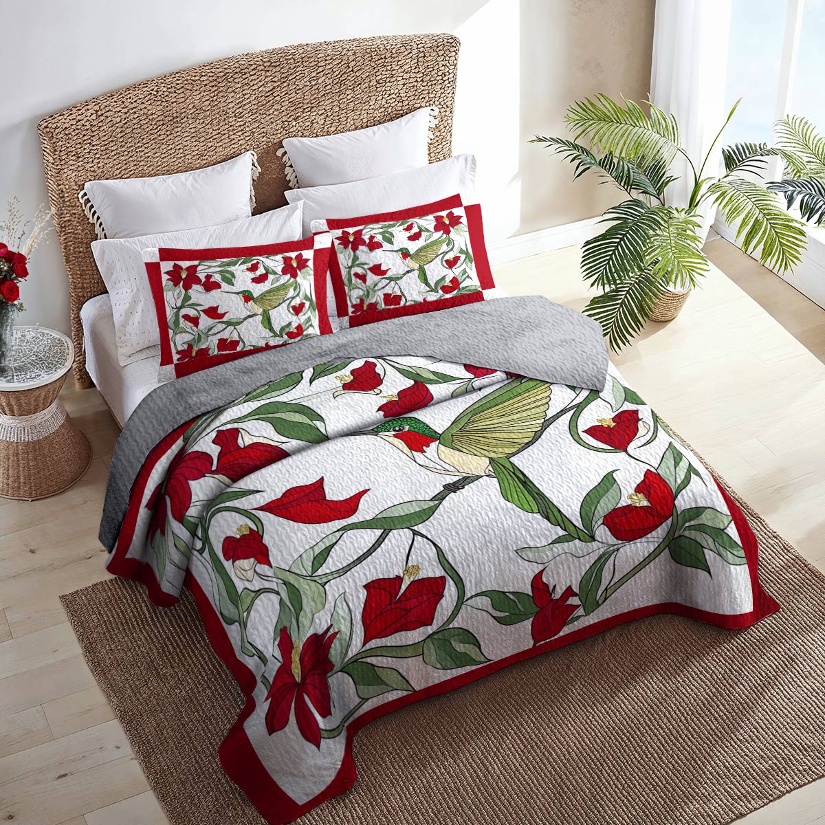 Shineful All Season Quilt 3-Piece Set Enchanting Hummingbird Flowers