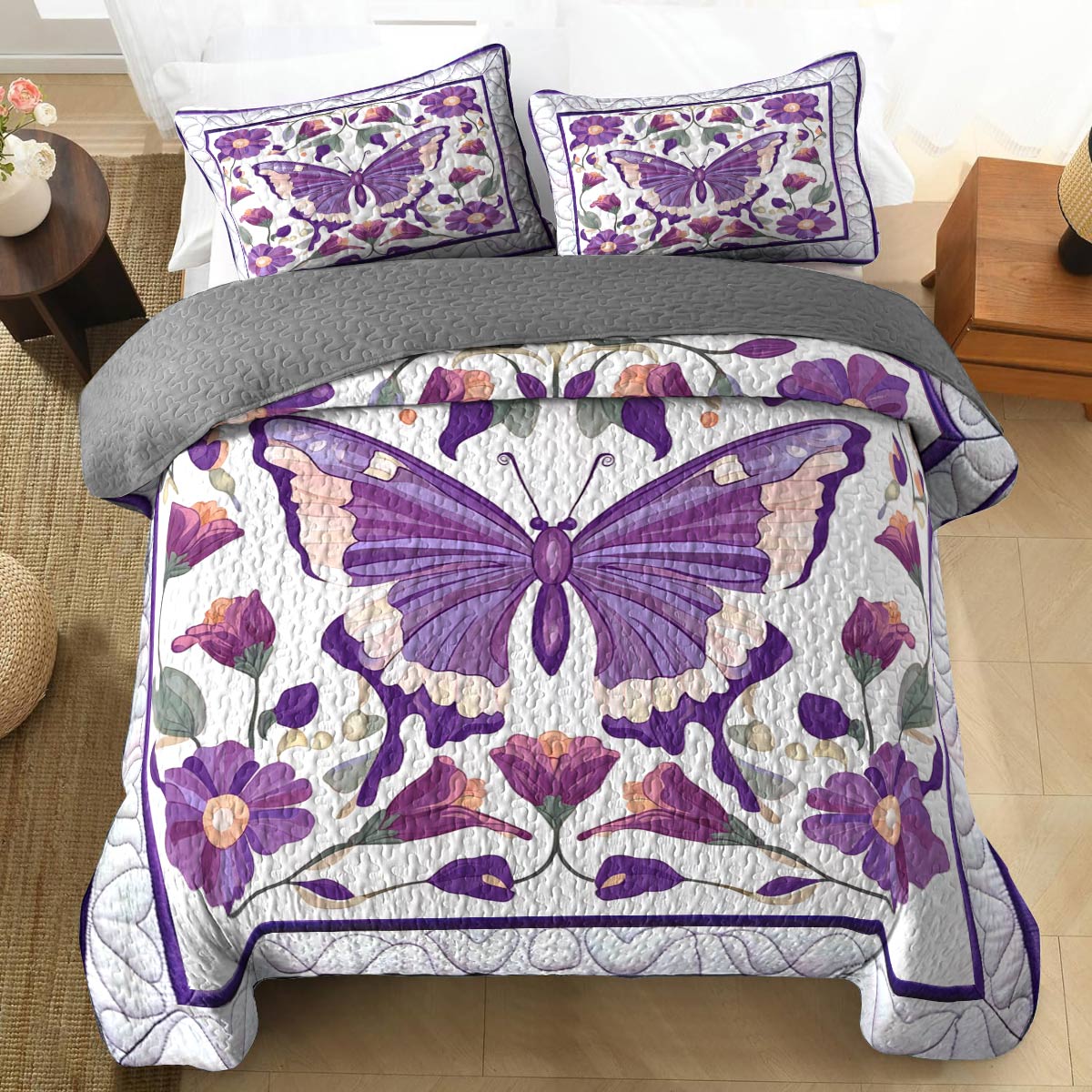 Shineful All Season Quilt 3-Piece Set Divine Purple Butterflies