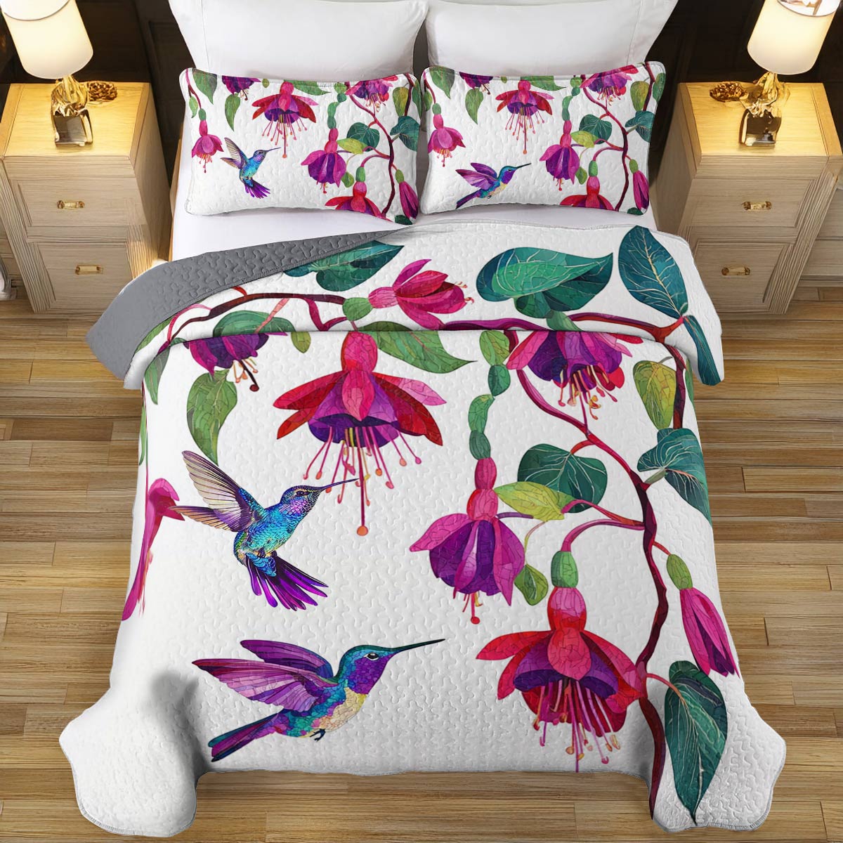 Shineful All Season Quilt 3-Piece Set Graceful Hummingbird Fuchsia