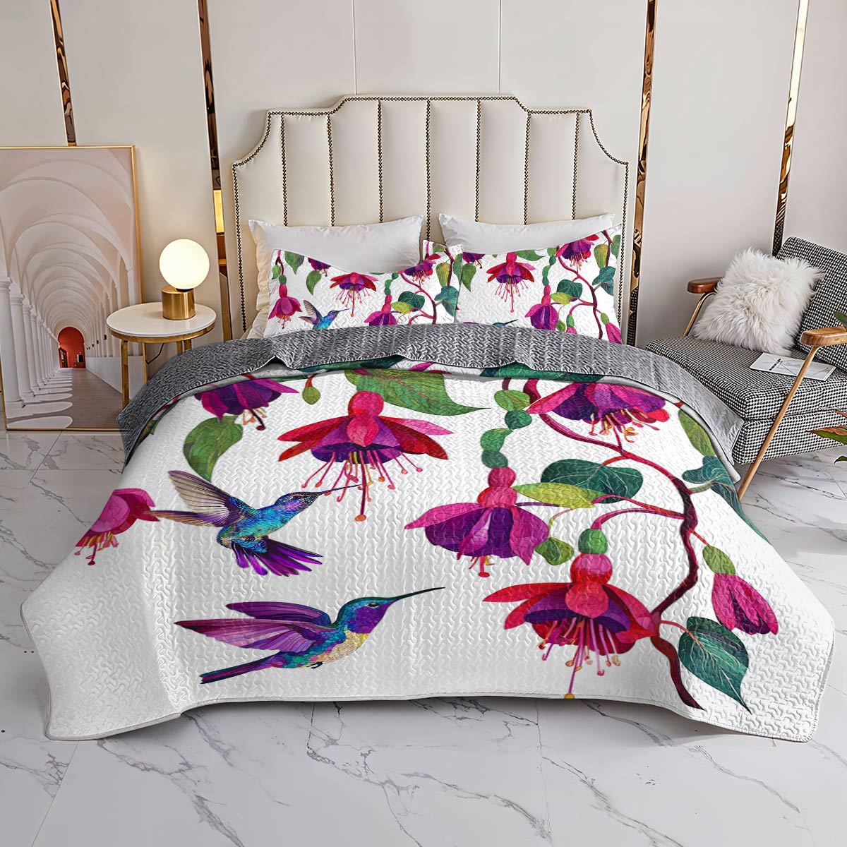 Shineful All Season Quilt 3-Piece Set Graceful Hummingbird Fuchsia