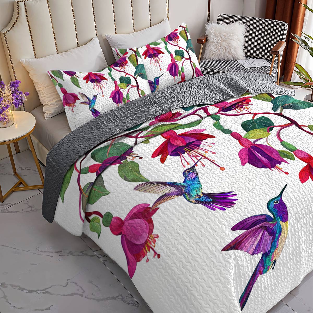 Shineful All Season Quilt 3-Piece Set Graceful Hummingbird Fuchsia