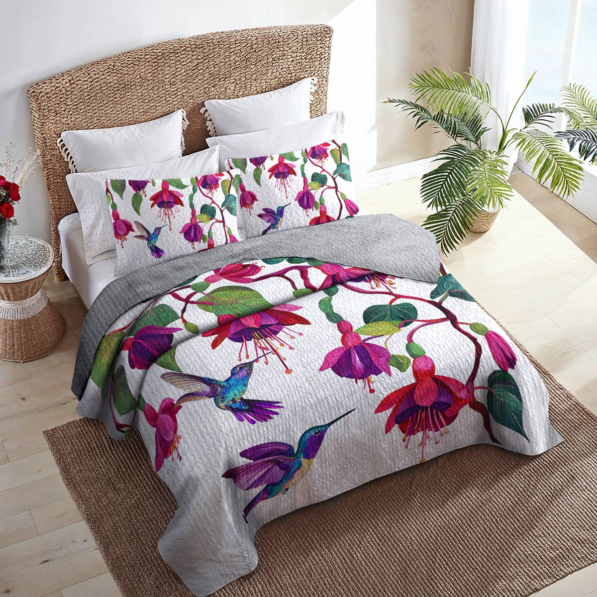 Shineful All Season Quilt 3-Piece Set Graceful Hummingbird Fuchsia