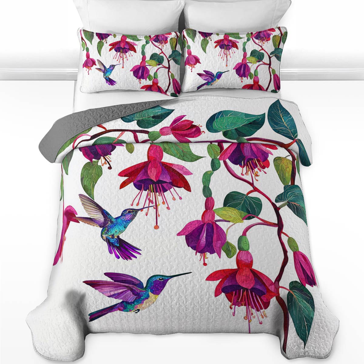 Shineful All Season Quilt 3-Piece Set Graceful Hummingbird Fuchsia