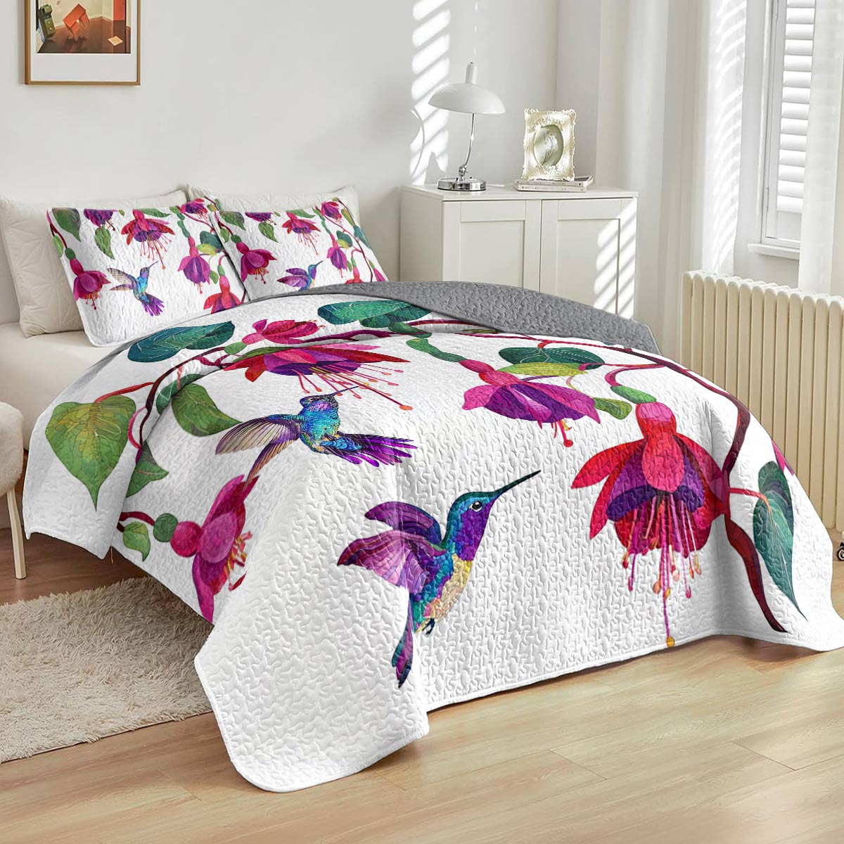 Shineful All Season Quilt 3-Piece Set Graceful Hummingbird Fuchsia