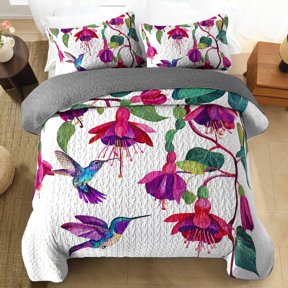 Shineful All Season Quilt 3-Piece Set Graceful Hummingbird Fuchsia