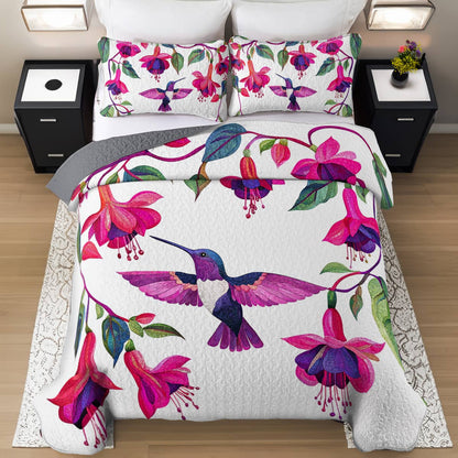 Shineful All Season Quilt 3-Piece Set Breathtaking Hummingbirds Fuchsia