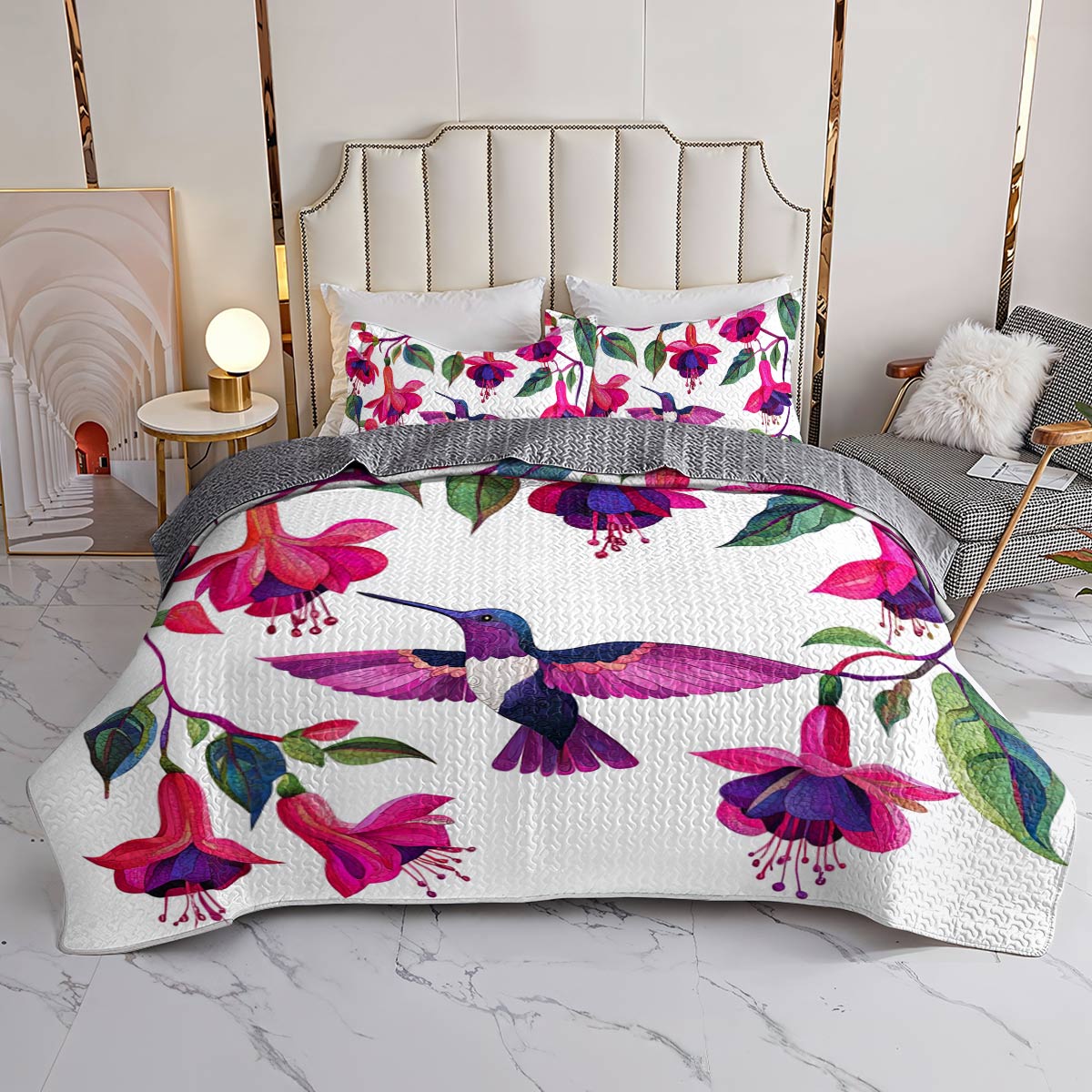 Shineful All Season Quilt 3-Piece Set Breathtaking Hummingbirds Fuchsia