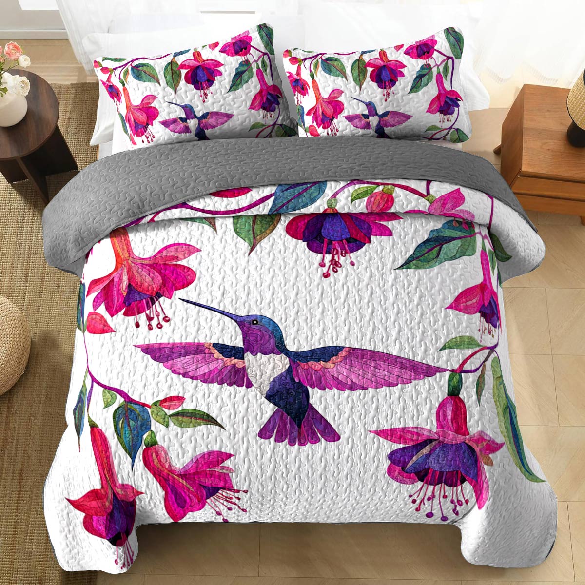 Shineful All Season Quilt 3-Piece Set Breathtaking Hummingbirds Fuchsia