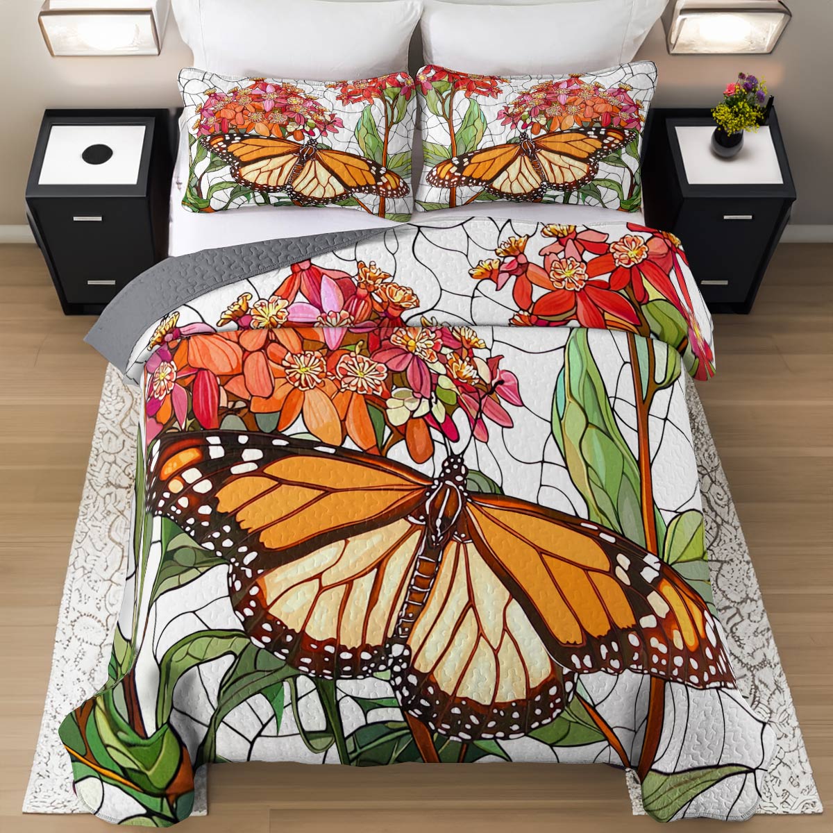 Shineful All Season Quilt 3-teiliges Set Charming Mornach Butterfly With Mikweed