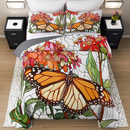 Shineful All Season Quilt 3-Piece Set Charming Mornach Butterfly With Mikweed