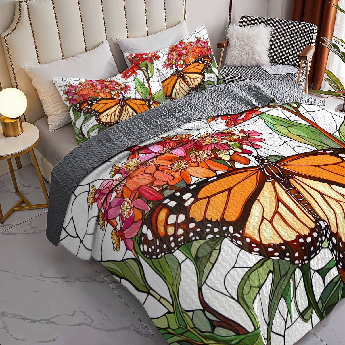 Shineful All Season Quilt 3-Piece Set Charming Mornach Butterfly With Mikweed