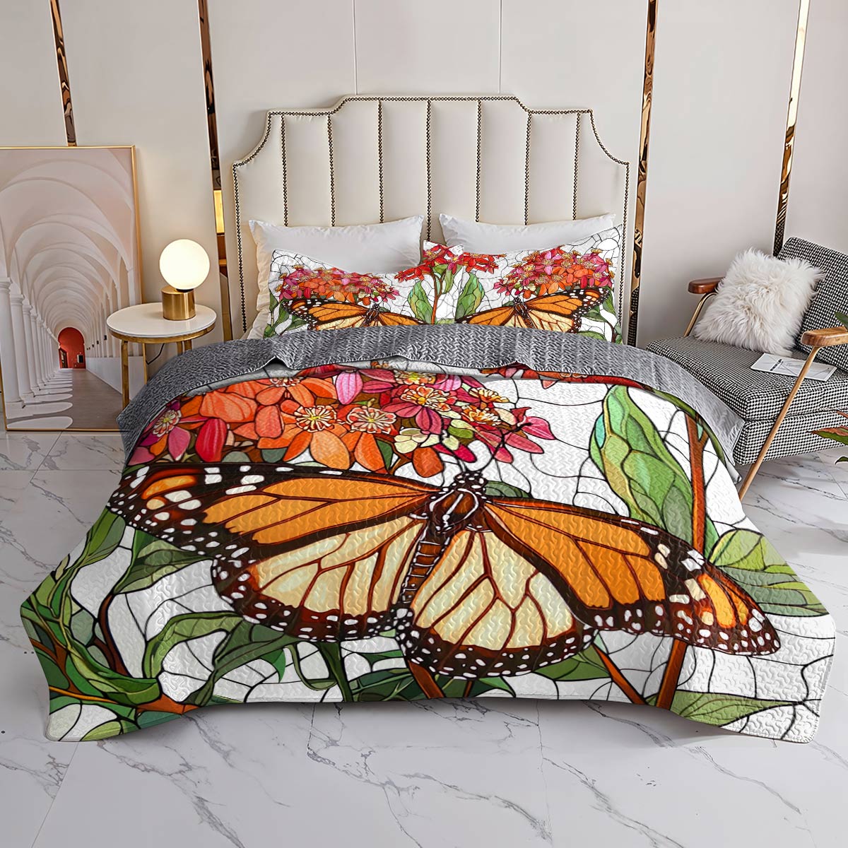 Shineful All Season Quilt 3-Piece Set Charming Mornach Butterfly With Mikweed