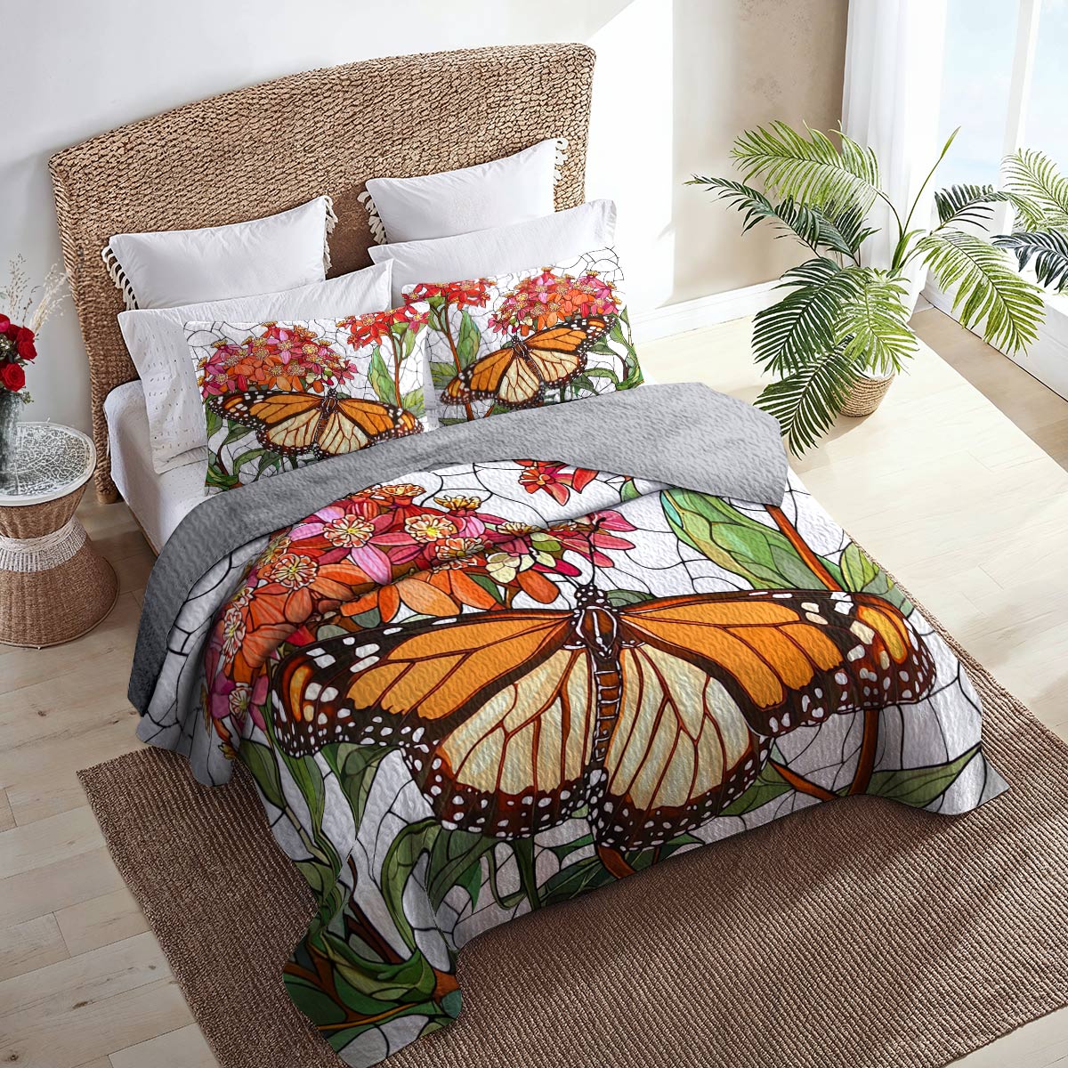 Shineful All Season Quilt 3-Piece Set Charming Mornach Butterfly With Mikweed