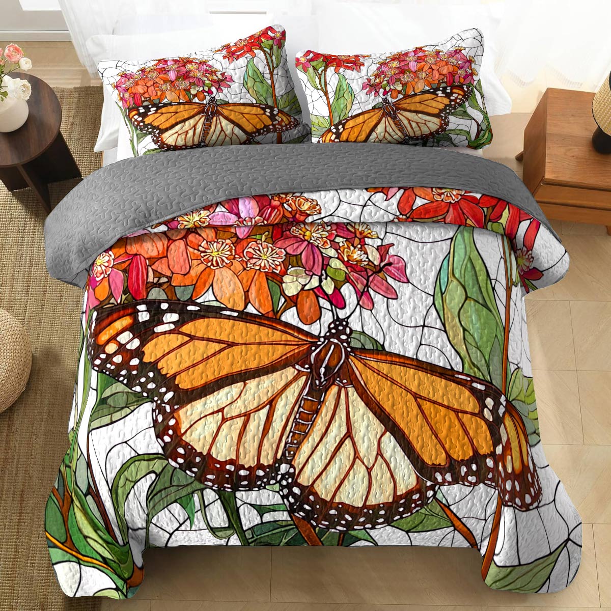 Shineful All Season Quilt 3-Piece Set Charming Mornach Butterfly With Mikweed