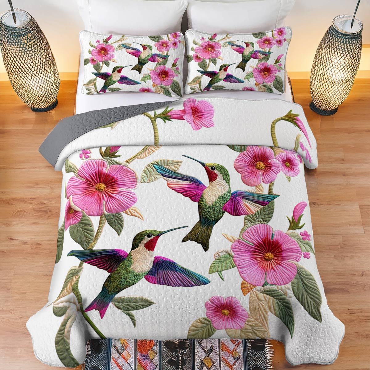 Shineful Flat Print All Season Quilt 3-teiliges Set Divine Hummingbird Flowers