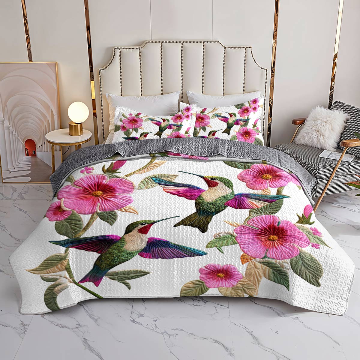 Shineful Flat Print All Season Quilt 3-teiliges Set Divine Hummingbird Flowers