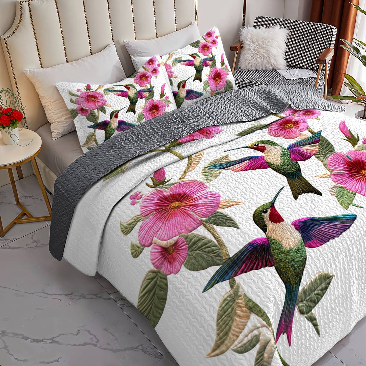 Ensemble de courtepointe toutes saisons Shineful Flat Print 3 pièces Fleurs de colibri divines