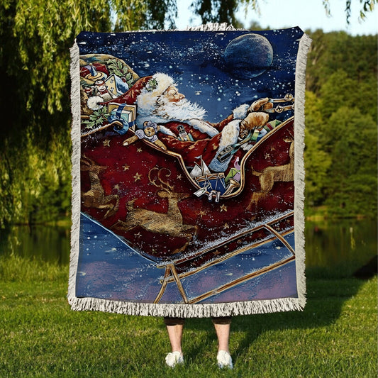 Shineful Woven Tapestry Throw Blanket Santa's Midnight Sleigh Ride