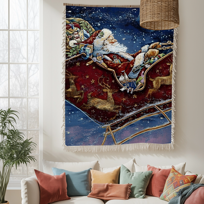 Shineful Woven Tapestry Throw Blanket Santa's Midnight Sleigh Ride