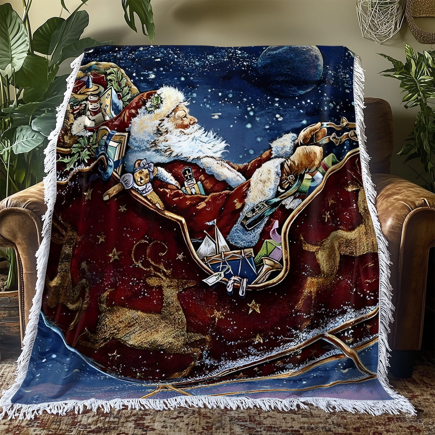 Shineful Woven Tapestry Throw Blanket Santa's Midnight Sleigh Ride