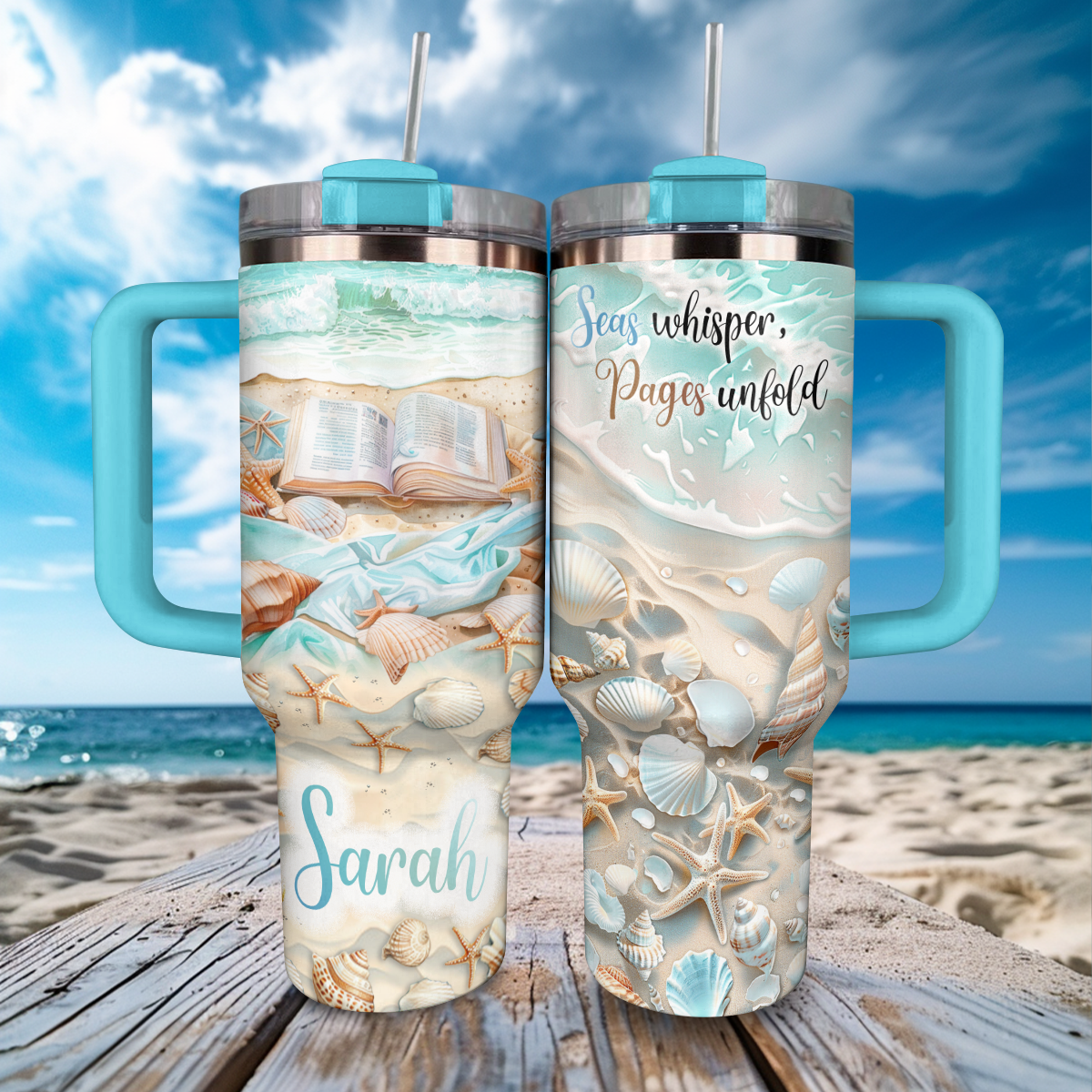 Glänzender personalisierter Becher „Seas Whisper Pages Unfold“