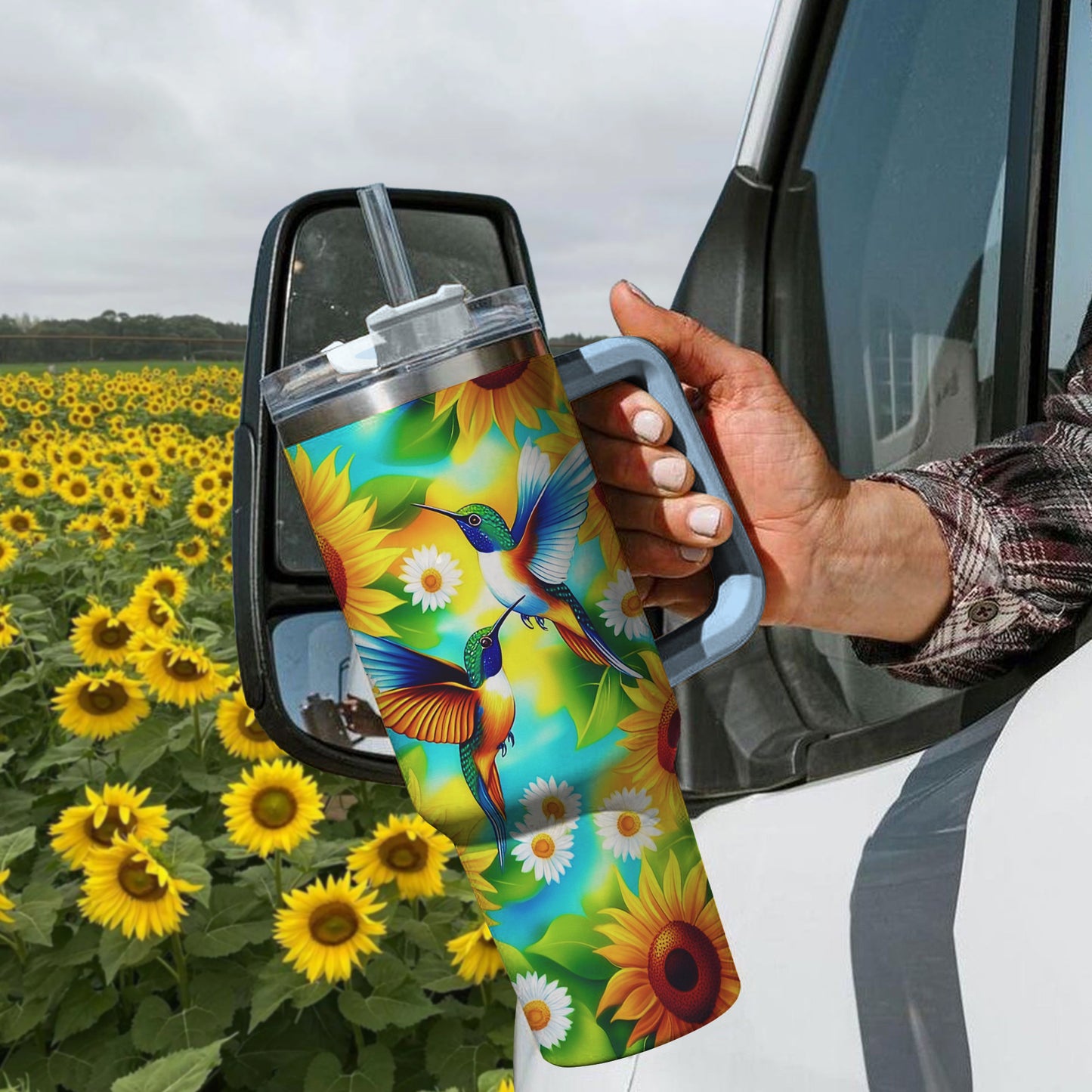 Shinyful Tumbler Lebendige Sonnenblume mit Kolibri