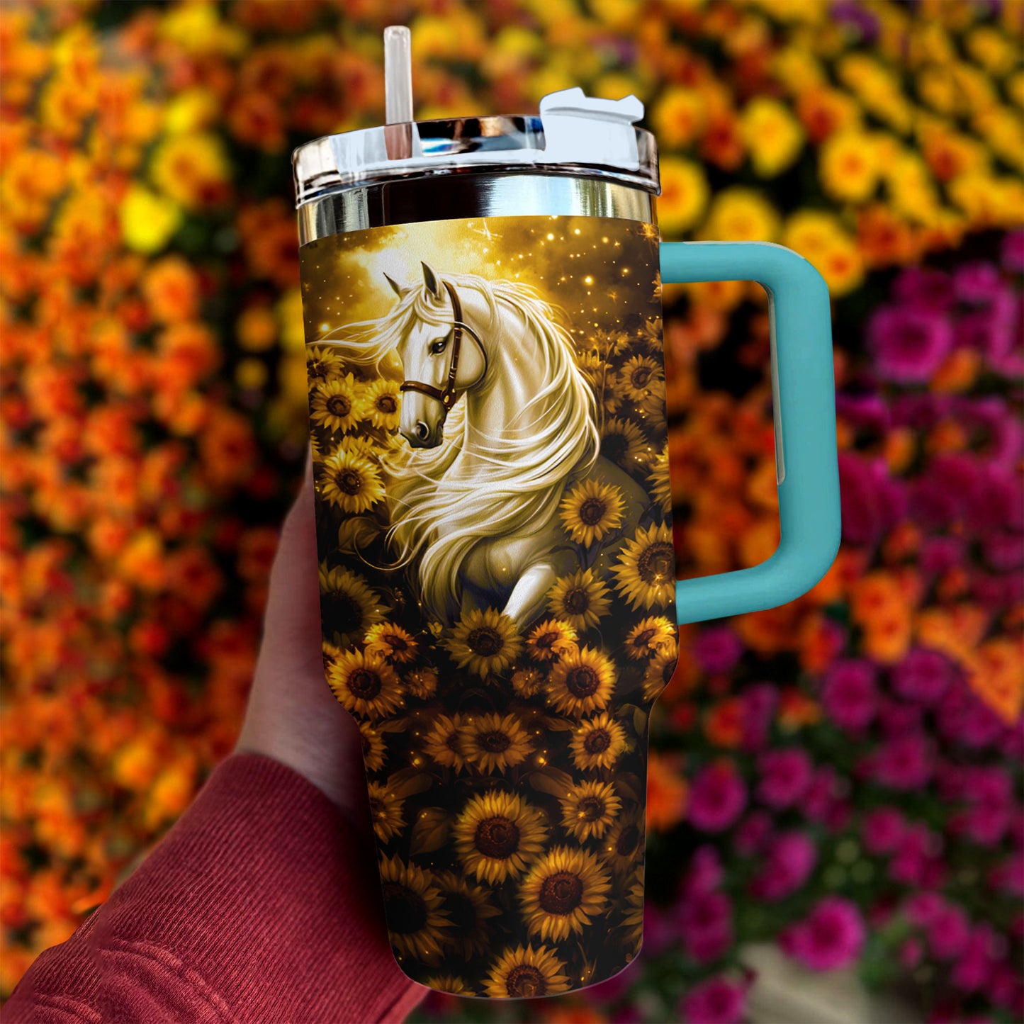 Shineful Tumbler White Horse In Sunflower Field