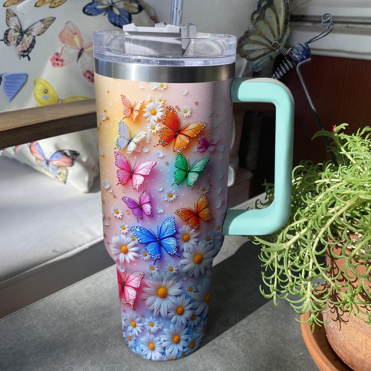 Shineful Tumbler Colorful Butterfly With Daisy