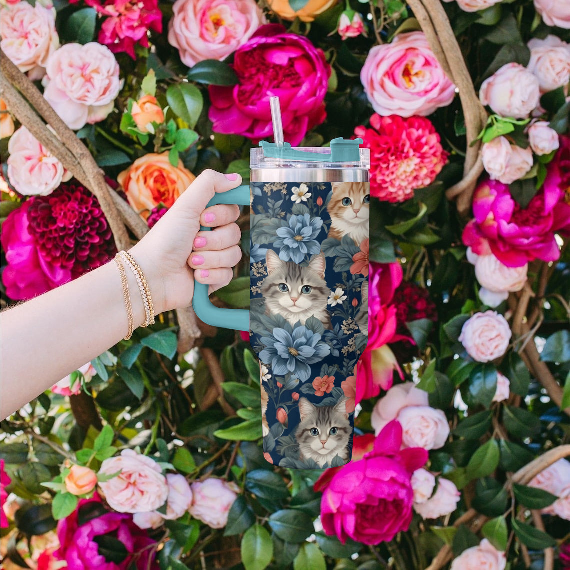 Shineful Tumbler Elegant Cats and Flowers