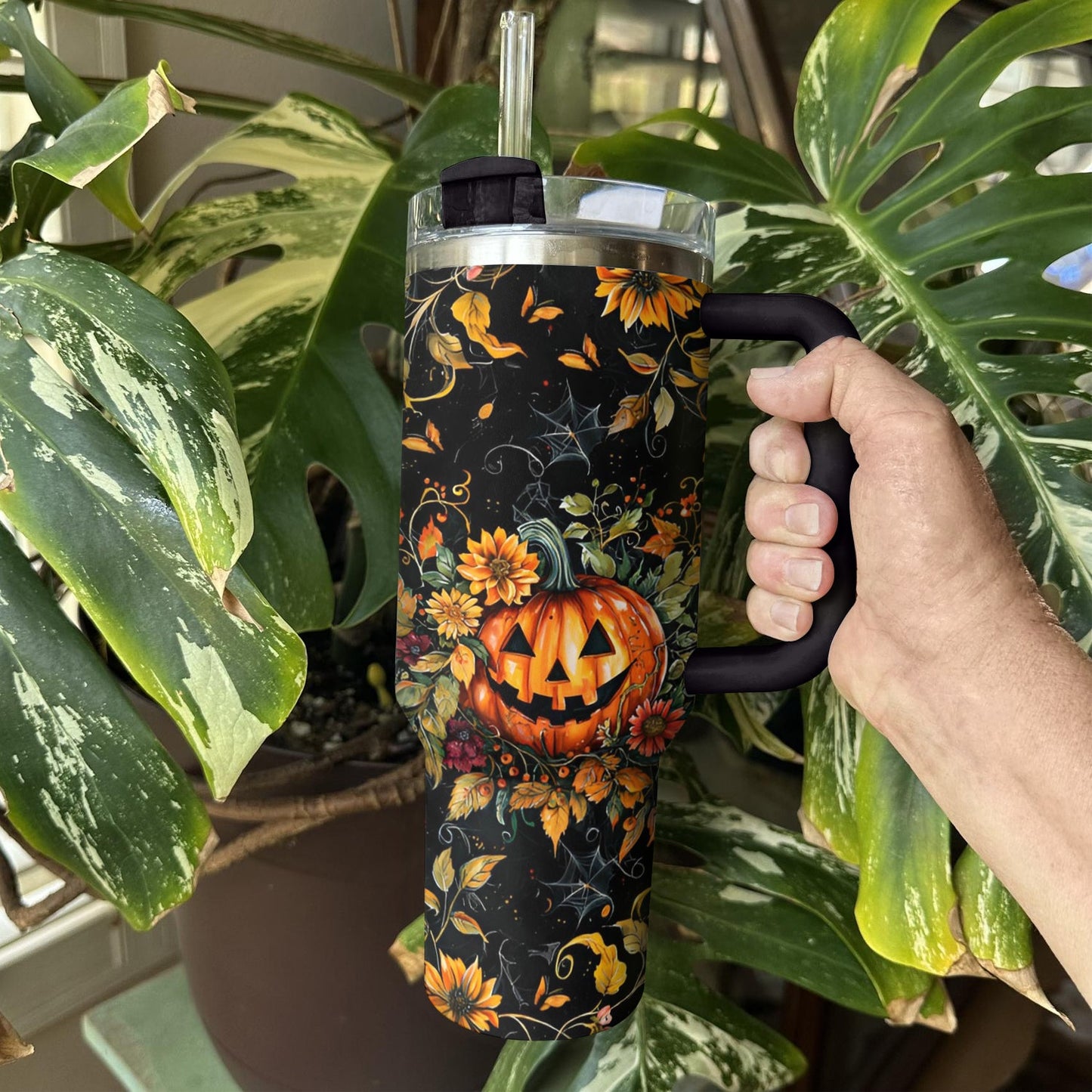 Shineful Tumbler Halloween Pumpkin And Flower