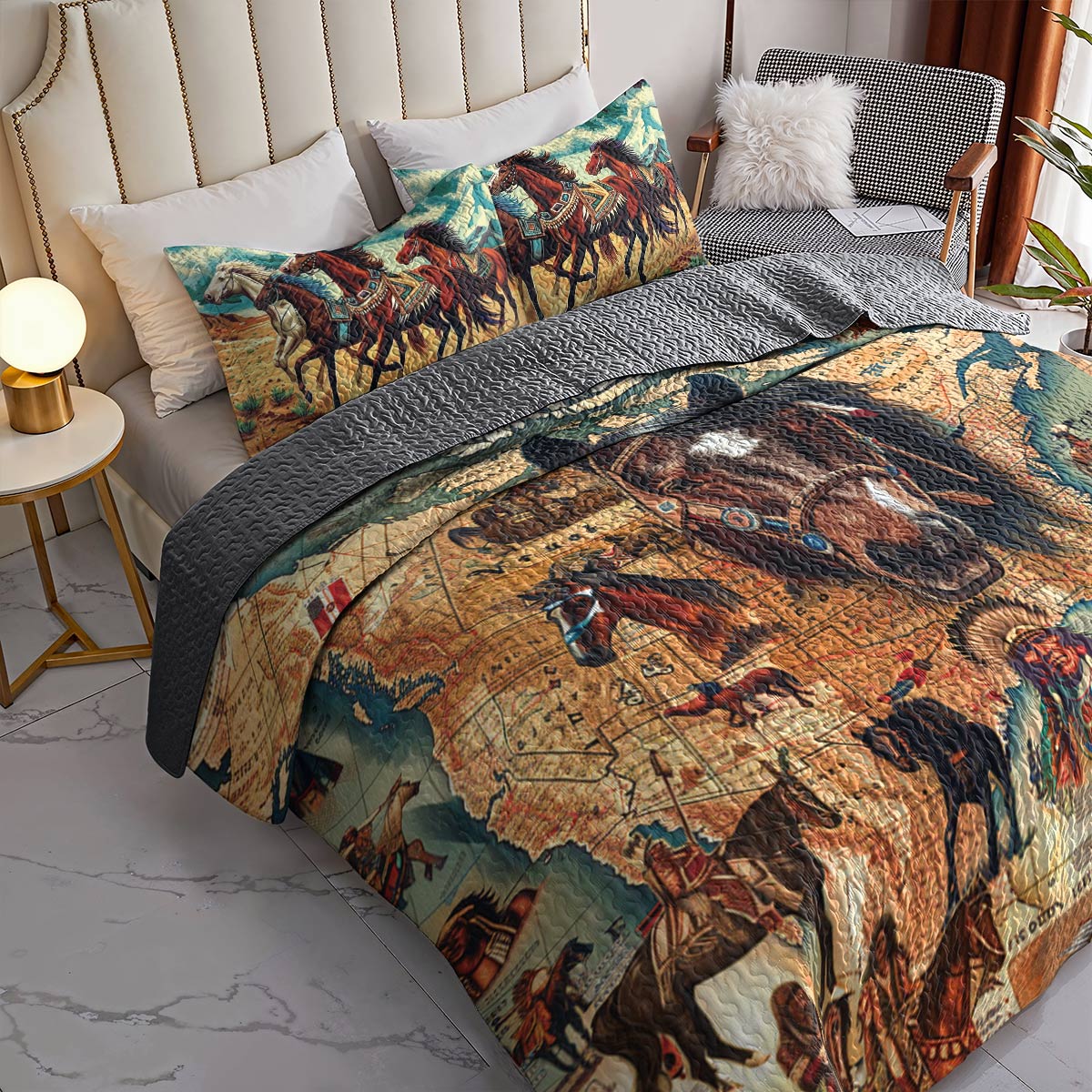 Shineful All Season Quilt 3-Piece Set Horse Native American Map