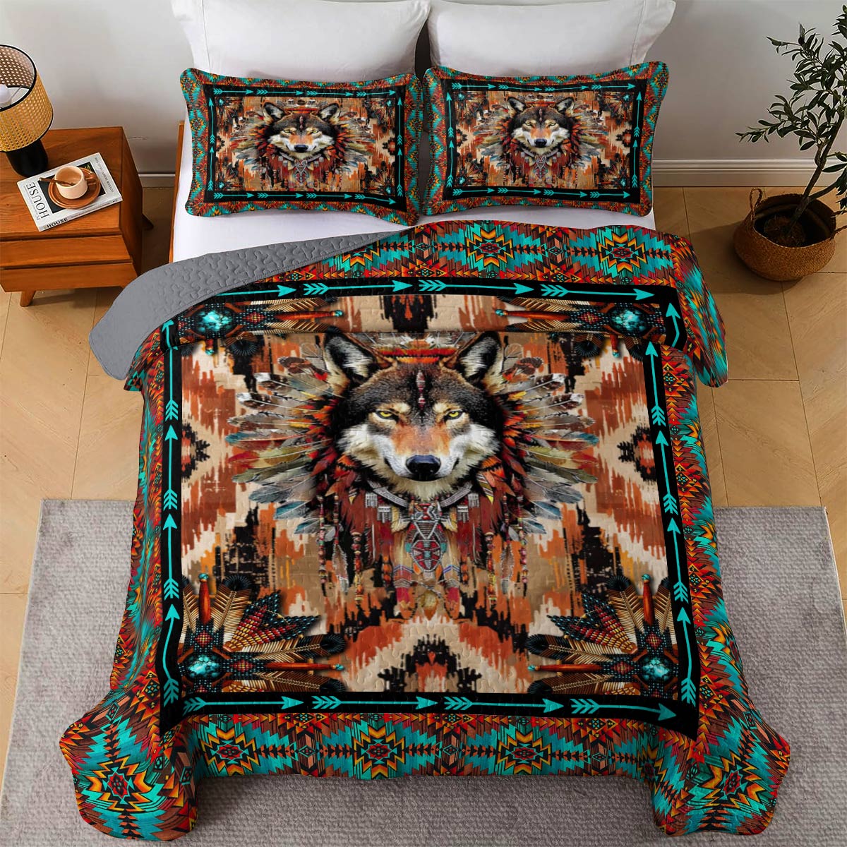 Shineful All Season Quilt 3-Piece Set Strength Wolf Native American