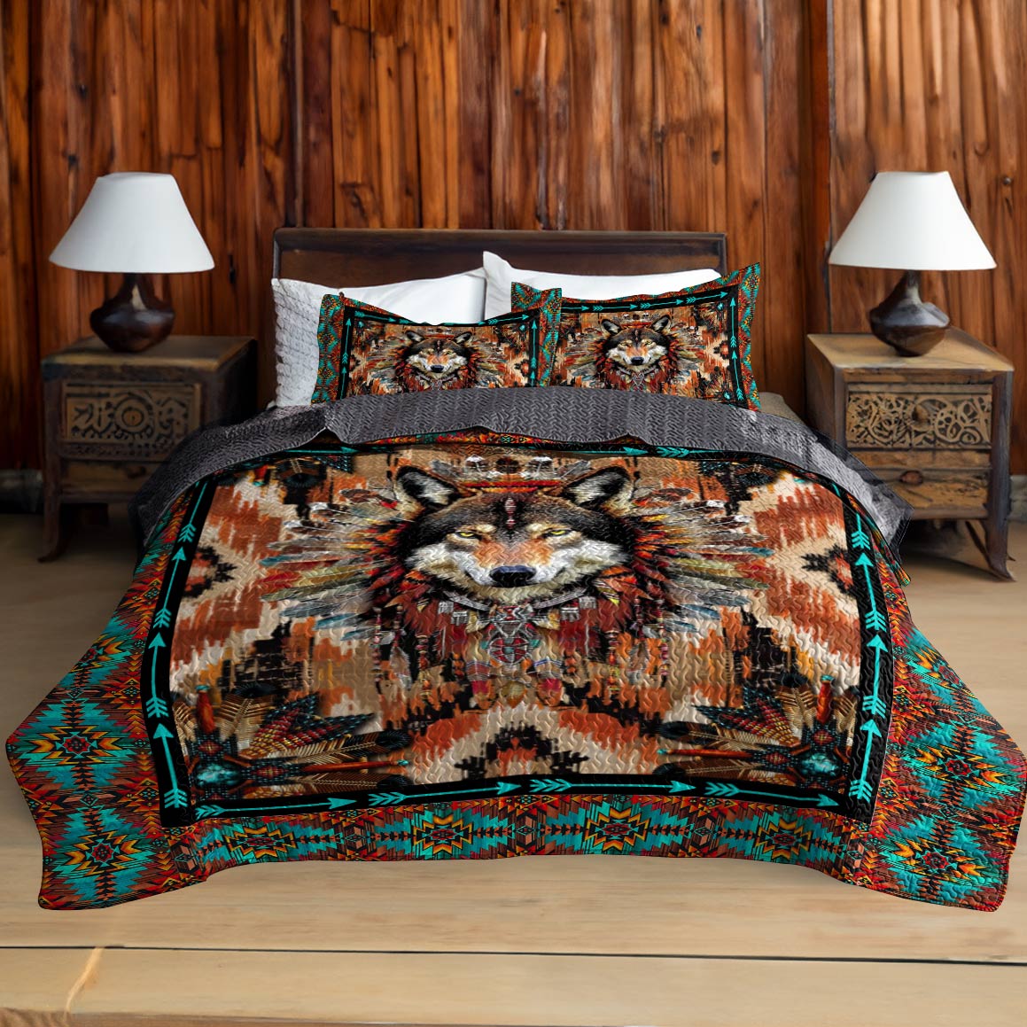 Shineful All Season Quilt 3-Piece Set Strength Wolf Native American