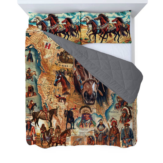 Shineful All Season Quilt 3-Piece Set Horse Native American Map