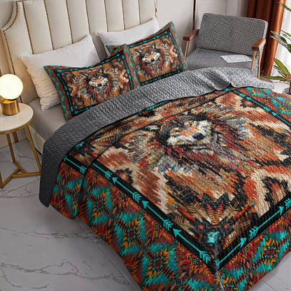 Shineful All Season Quilt 3-Piece Set Strength Wolf Native American