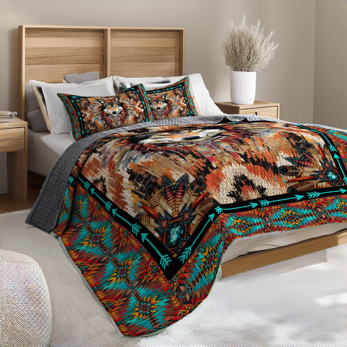 Shineful All Season Quilt 3-Piece Set Strength Wolf Native American