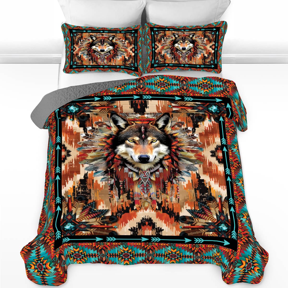 Shineful All Season Quilt 3-Piece Set Strength Wolf Native American