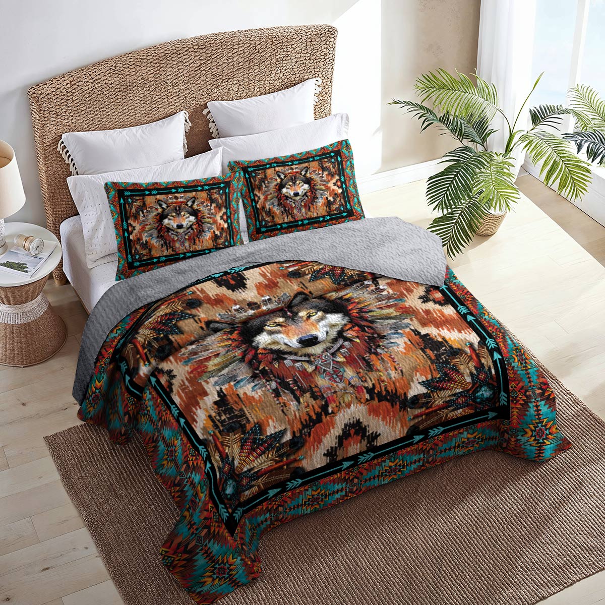 Shineful All Season Quilt 3-Piece Set Strength Wolf Native American